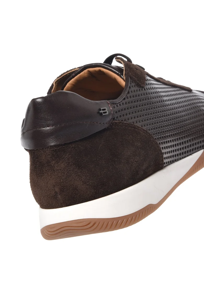 Pantofi sport de piele si piele intoarsa cu perforatii, Maro inchis
