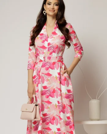 Rochie midi de zi ivoar cu imprimeuri fucsia cu buzunare