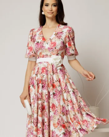 Rochie DY Fashion cu imprimeu floral corai si floare in talie
