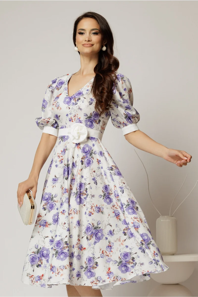 Rochie DY Fashion cu imprimeu floral lila si floare in talie