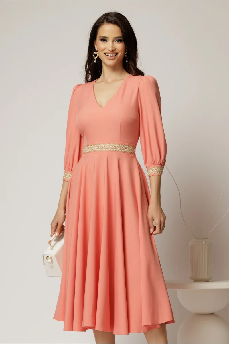 Rochie DY Fashion midi roz somon cu banda decorativa pe talie si mansete