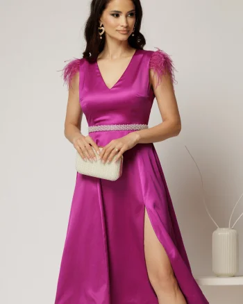 Rochie DY Fashion midi magenta din tafta cu pene la umeri