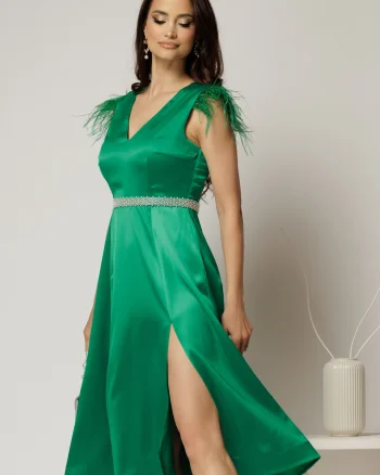 Rochie DY Fashion midi verde din tafta cu pene la umeri
