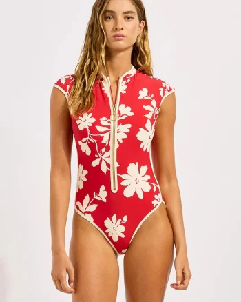 Seafolly costum de baie dintr-o singură piesă pentru femei Cap Sleeve Zip Front