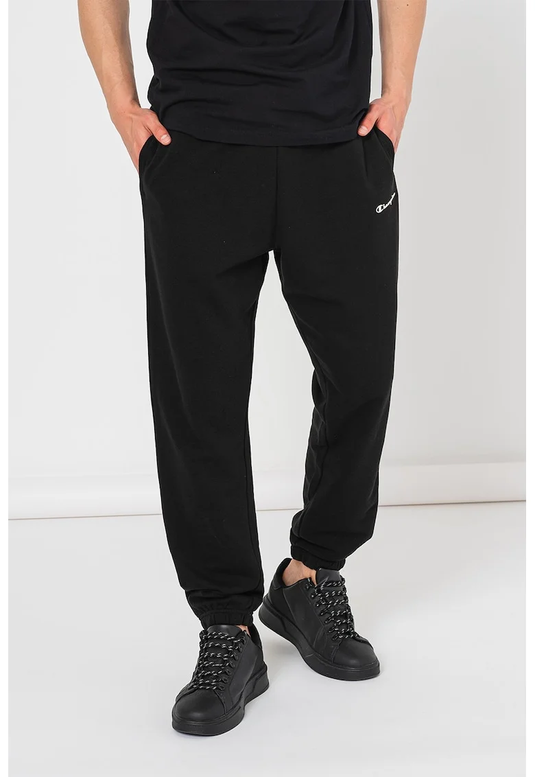 Pantaloni de trening cu model uni si detaliu logo, Negru