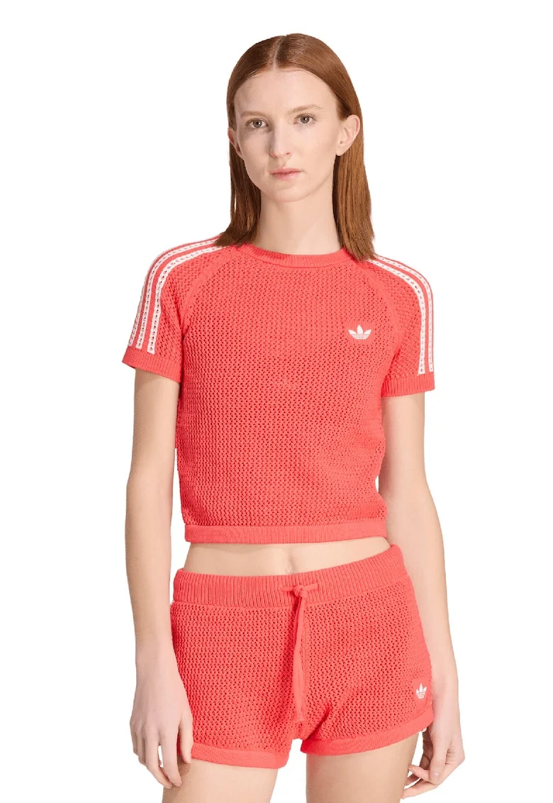 Tricou crop crosetat cu logo, Alb/Portocaliu stins