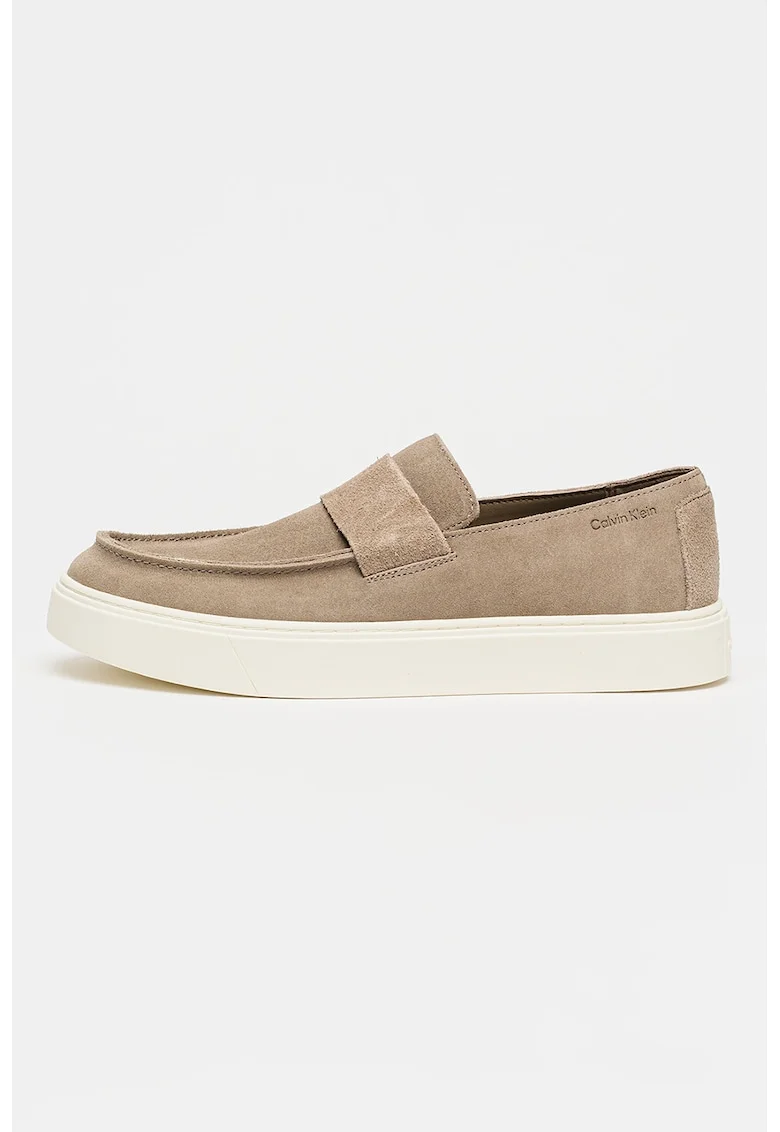Pantofi loafer din piele intoarsa cu logo discret, Maro taupe deschis