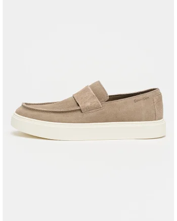 Pantofi loafer din piele intoarsa cu logo discret, Maro taupe deschis