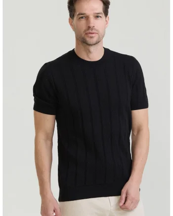 Tricou tricotat cu decolteu la baza gatului, Negru