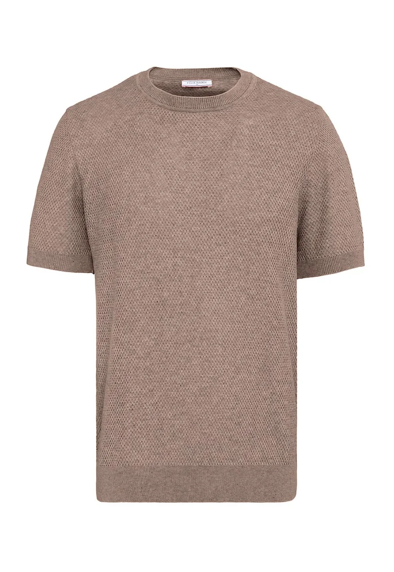 Tricou cu model uni si decolteu la baza gatului, Maro taupe