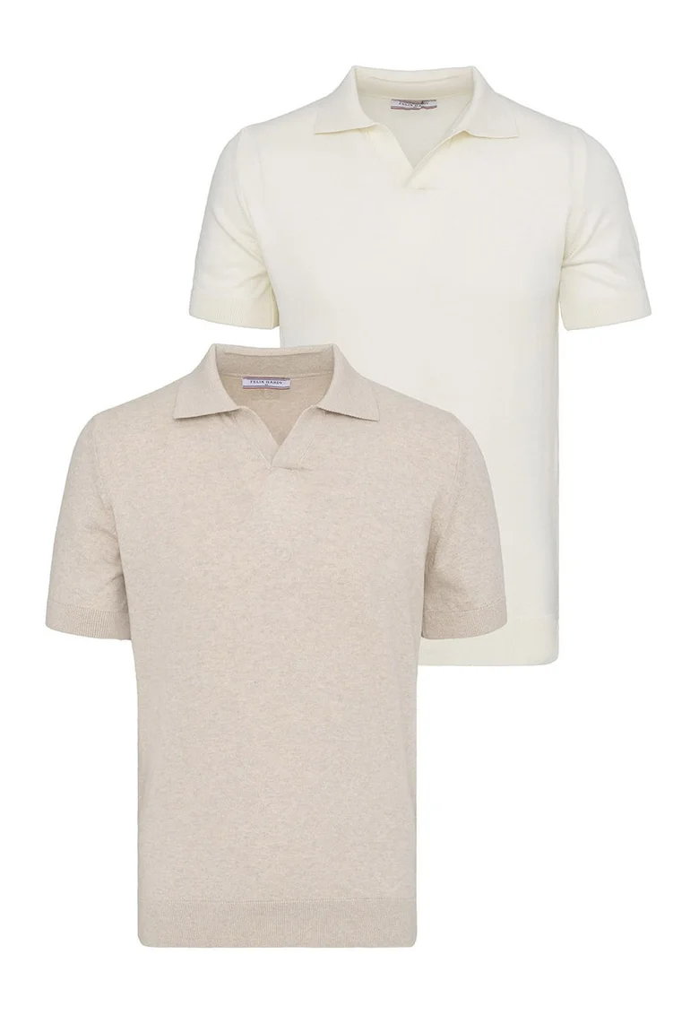 Set de tricouri din bumbac cu guler polo - 2 piese, Bej/Ocru