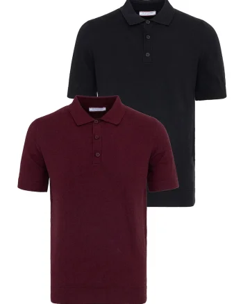 Set de tricouri din bumbac cu guler polo - 2 piese, Visiniu/Negru