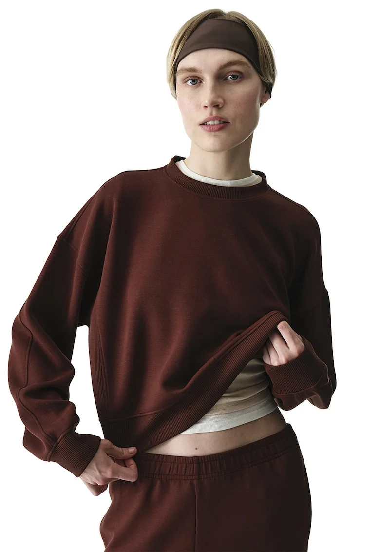 Bluza de trening cu decolteu la baza gatului si maneci cazute, Maro cognac,