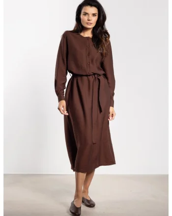 Rochie midi,  Maro, croi in A, curea detasabila, butoni eleganti, rayon natural, maneci cu mansete, liberatate de miscare, stil chic, Bronz