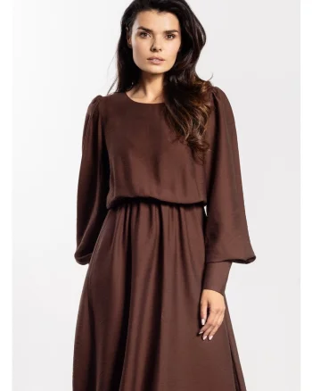 Rochie midi,  rayon natural, maneci lungi cu mansete, talie elastica, decolteu barca, confortabila, ideala pentru toamna-iarna, Bronz