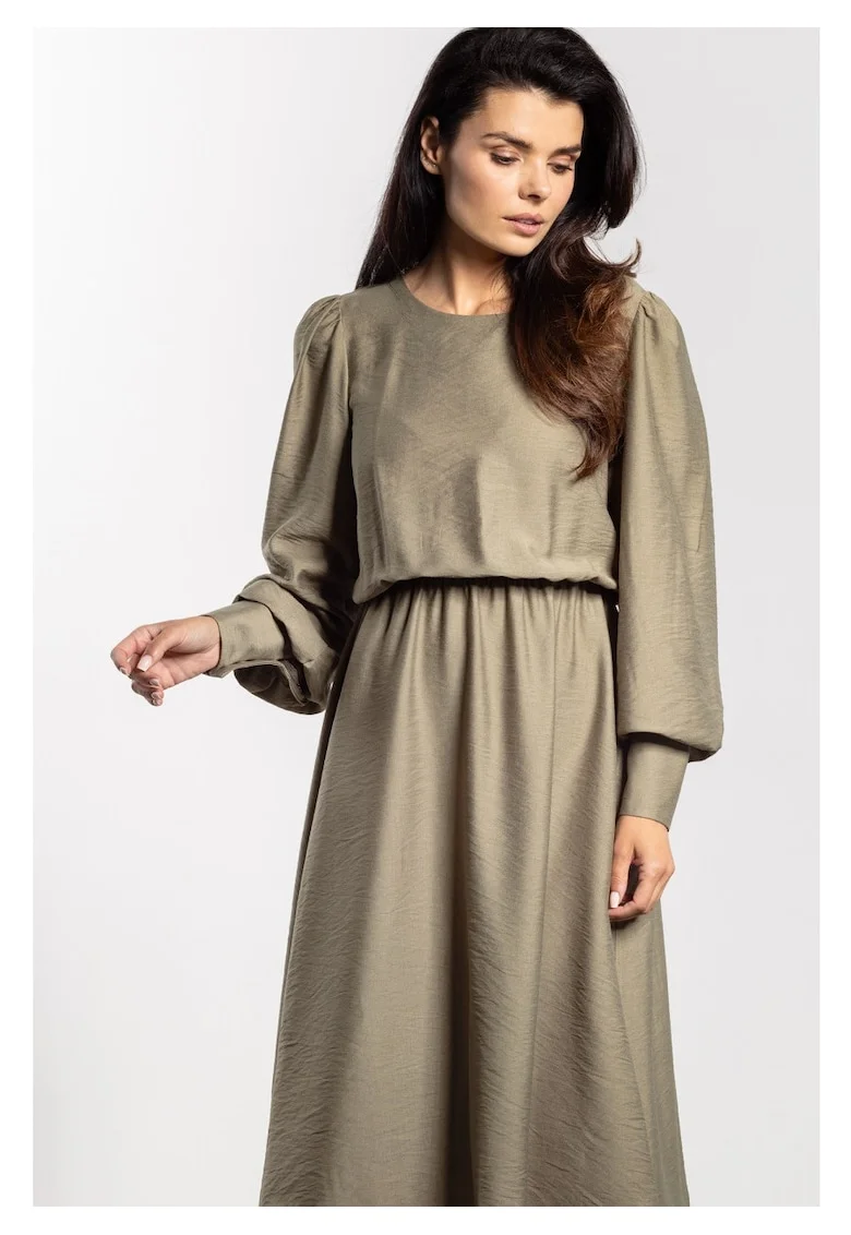 Rochie midi,  rayon natural, maneci lungi cu mansete, talie elastica, decolteu barca, confortabila, ideala pentru toamna-iarna, Greenery