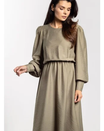 Rochie midi,  rayon natural, maneci lungi cu mansete, talie elastica, decolteu barca, confortabila, ideala pentru toamna-iarna, Greenery