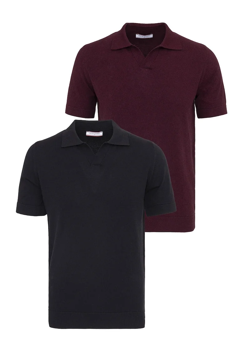 Set de tricouri din bumbac cu guler polo - 2 piese, Visiniu/Negru