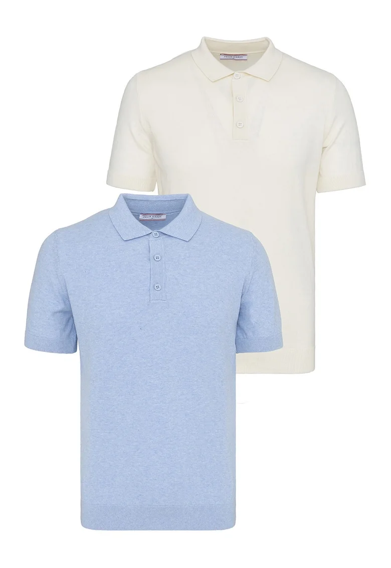 Set de tricouri din bumbac cu guler polo - 2 piese, Albastru pastel/Ocru