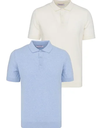 Set de tricouri din bumbac cu guler polo - 2 piese, Albastru pastel/Ocru