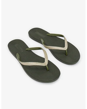 Papuci flip-flop cu model uni, Auriu, Verde masliniu inchis,
