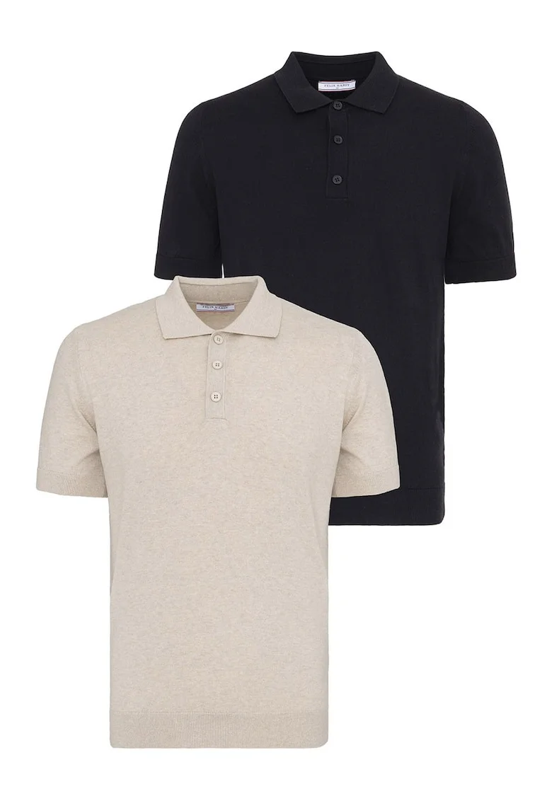 Set de tricouri din bumbac cu guler polo - 2 piese, Negru/Bej