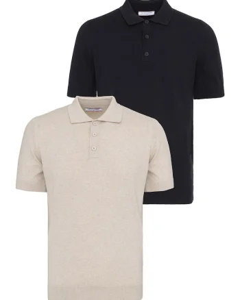 Set de tricouri din bumbac cu guler polo - 2 piese, Negru/Bej