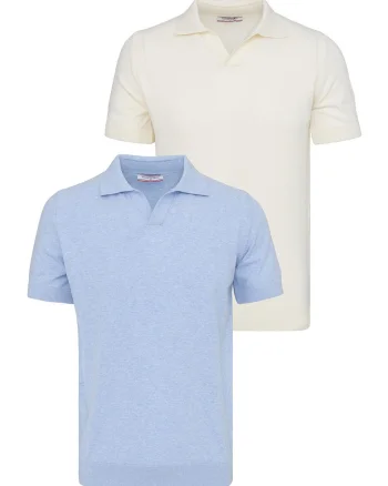 Set de tricouri din bumbac cu guler polo - 2 piese, Albastru pastel/Ocru