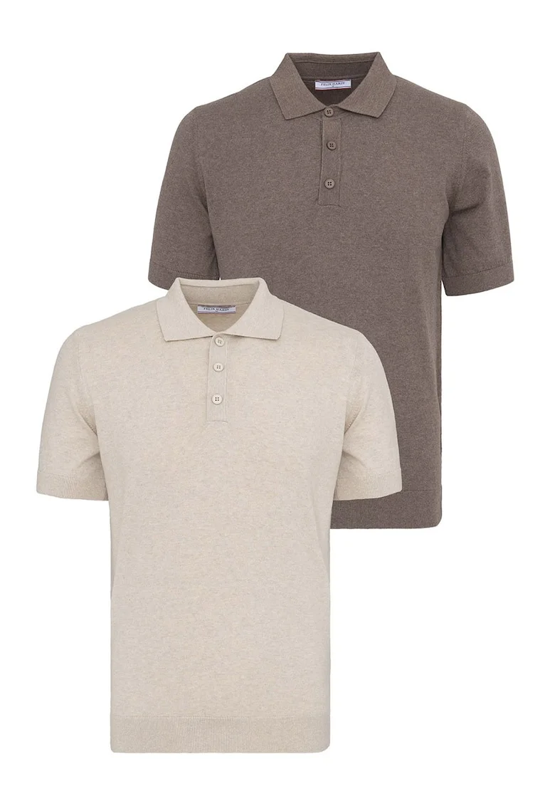 Set de tricouri din bumbac cu guler polo - 2 piese, Maro/Bej