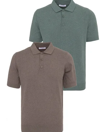 Set de tricouri din bumbac cu guler polo - 2 piese, Verde/Maro
