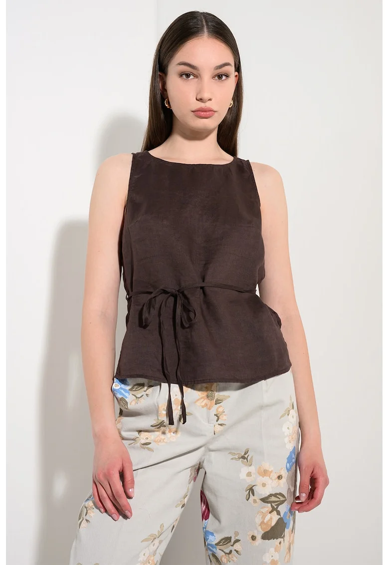 Bluza din in fara maneci cu cordon, Maro inchis