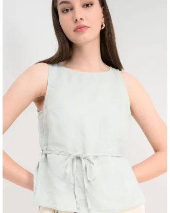 Bluza din in fara maneci cu cordon, Albastru pal
