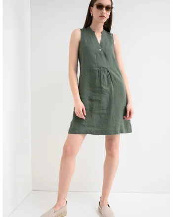 Rochie din in cu buzunare laterale, Verde feriga