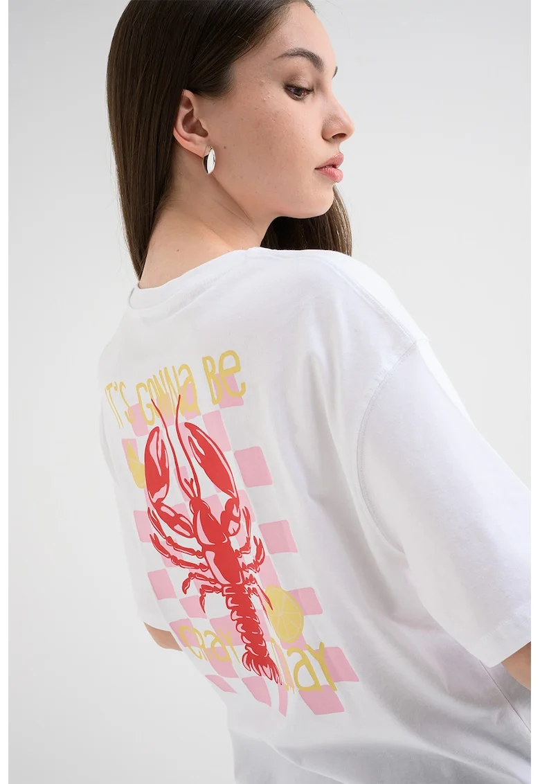 Tricou supradimensionat cu imprimeu, Roz pastel/Alb optic