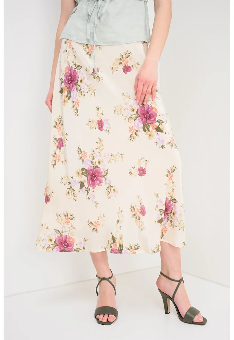 Fusta midi cu imprimeu floral, Violet/Roz/Verde feriga/Crem