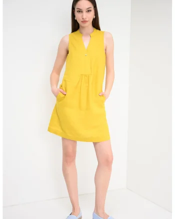 Rochie din in cu buzunare laterale, Galben sofran