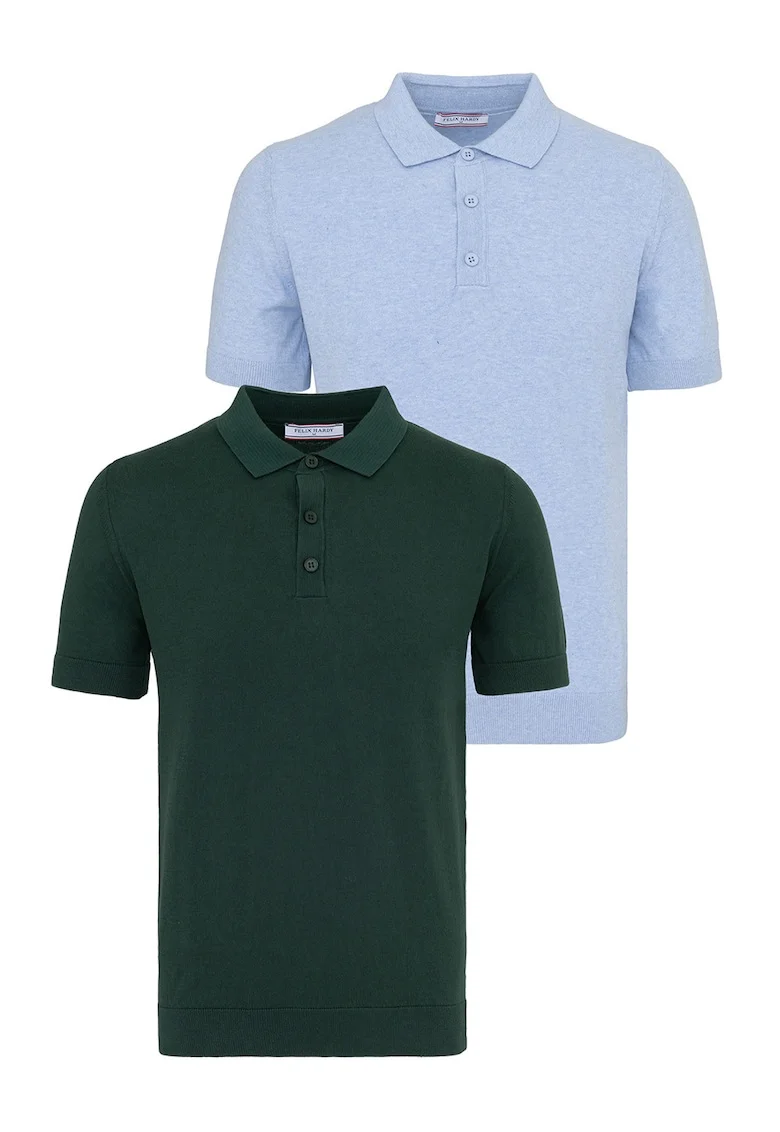 Set de tricouri din bumbac cu guler polo - 2 piese, Albastru pastel/Verde inchis