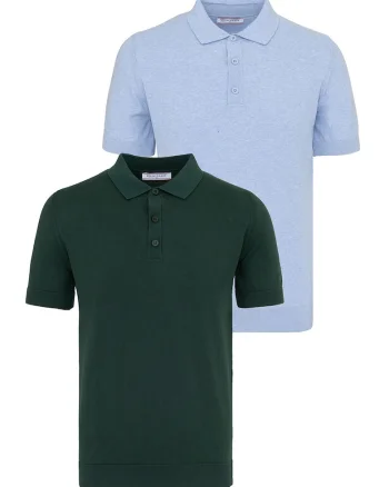 Set de tricouri din bumbac cu guler polo - 2 piese, Albastru pastel/Verde inchis