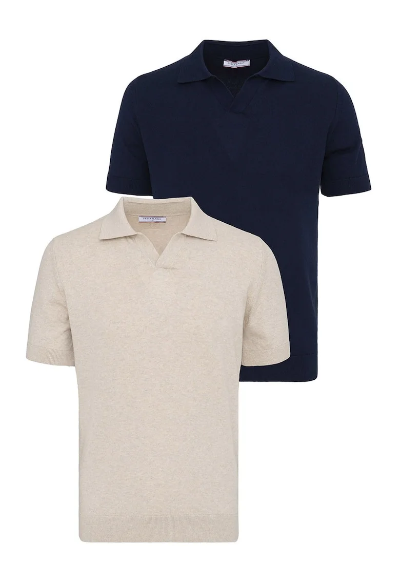 Set de tricouri din bumbac cu guler polo - 2 piese, Bej/Bleumarin