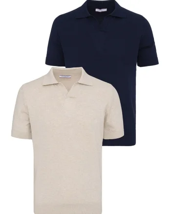 Set de tricouri din bumbac cu guler polo - 2 piese, Bej/Bleumarin