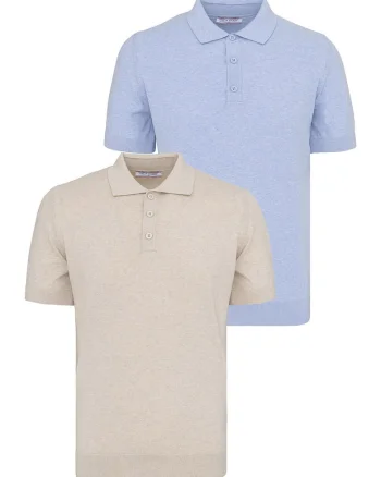 Set de tricouri din bumbac cu guler polo - 2 piese, Albastru pastel/Bej