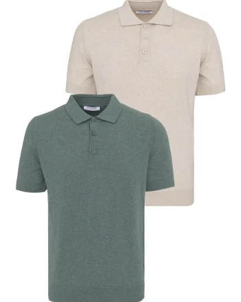 Set de tricouri din bumbac cu guler polo - 2 piese, Verde/Bej