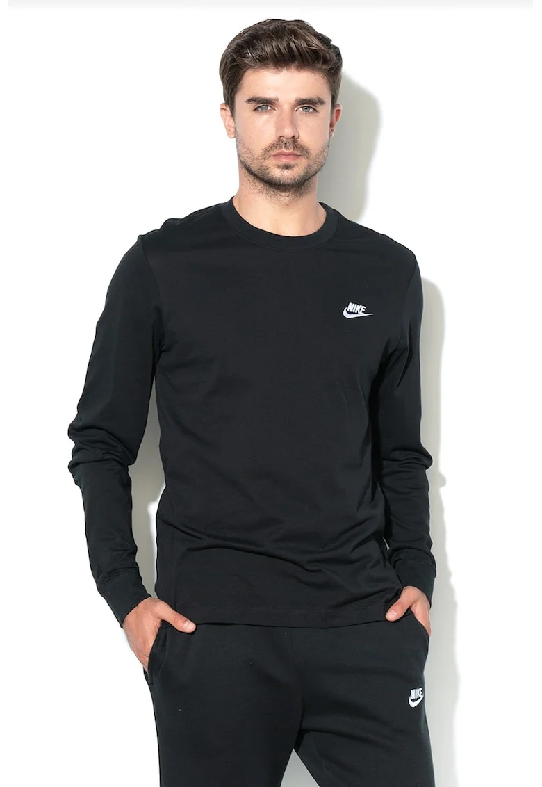 Bluza cu logo brodat si maneci lungi Sportswear Club, Alb/Negru