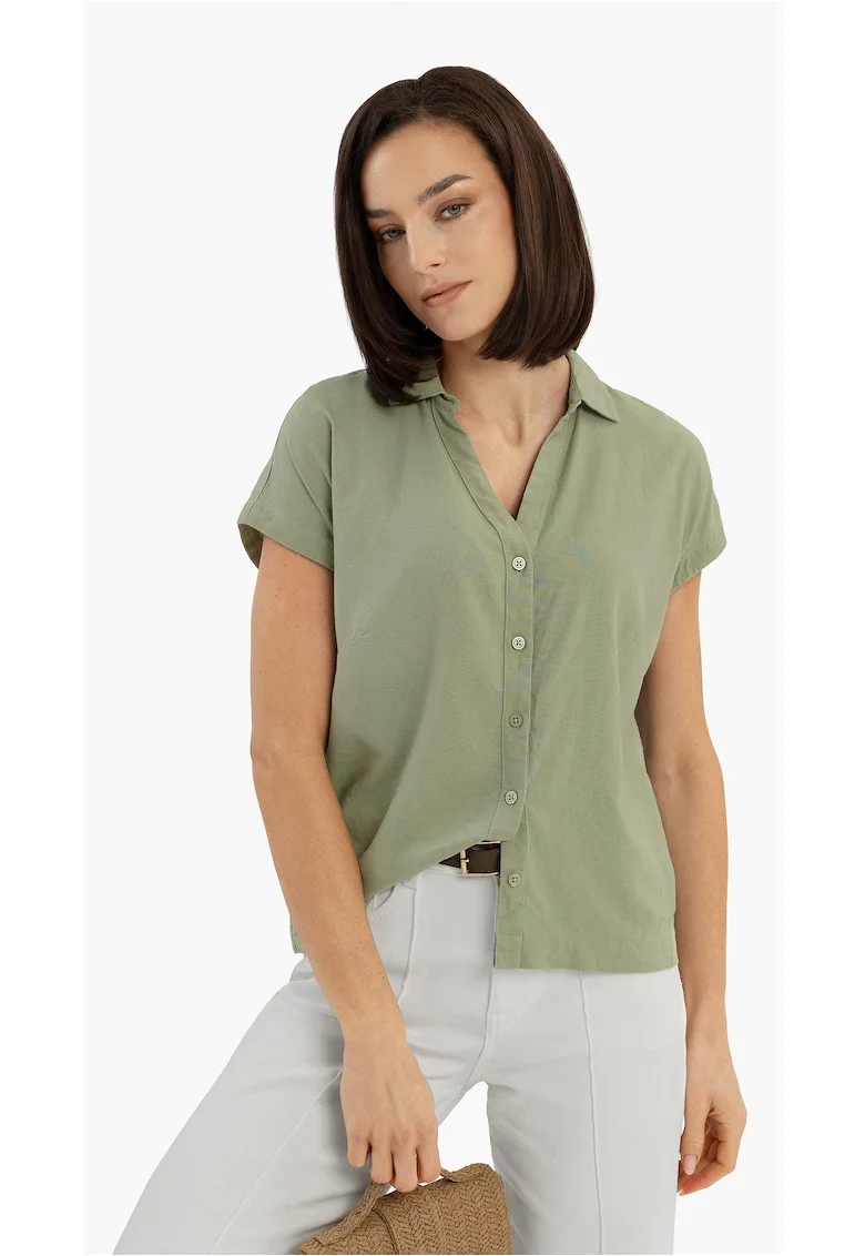 Camasa dama cu maneci scurte din in si viscoza, decolteu in V cu guler, Regular Fit,  C-Guare, verde, Verde