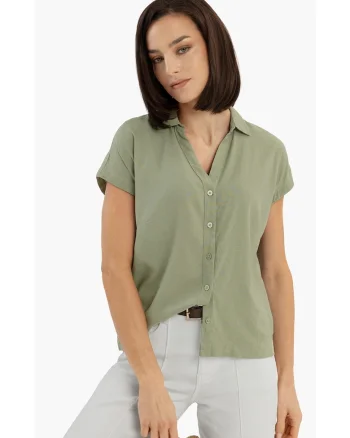 Camasa dama cu maneci scurte din in si viscoza, decolteu in V cu guler, Regular Fit,  C-Guare, verde, Verde