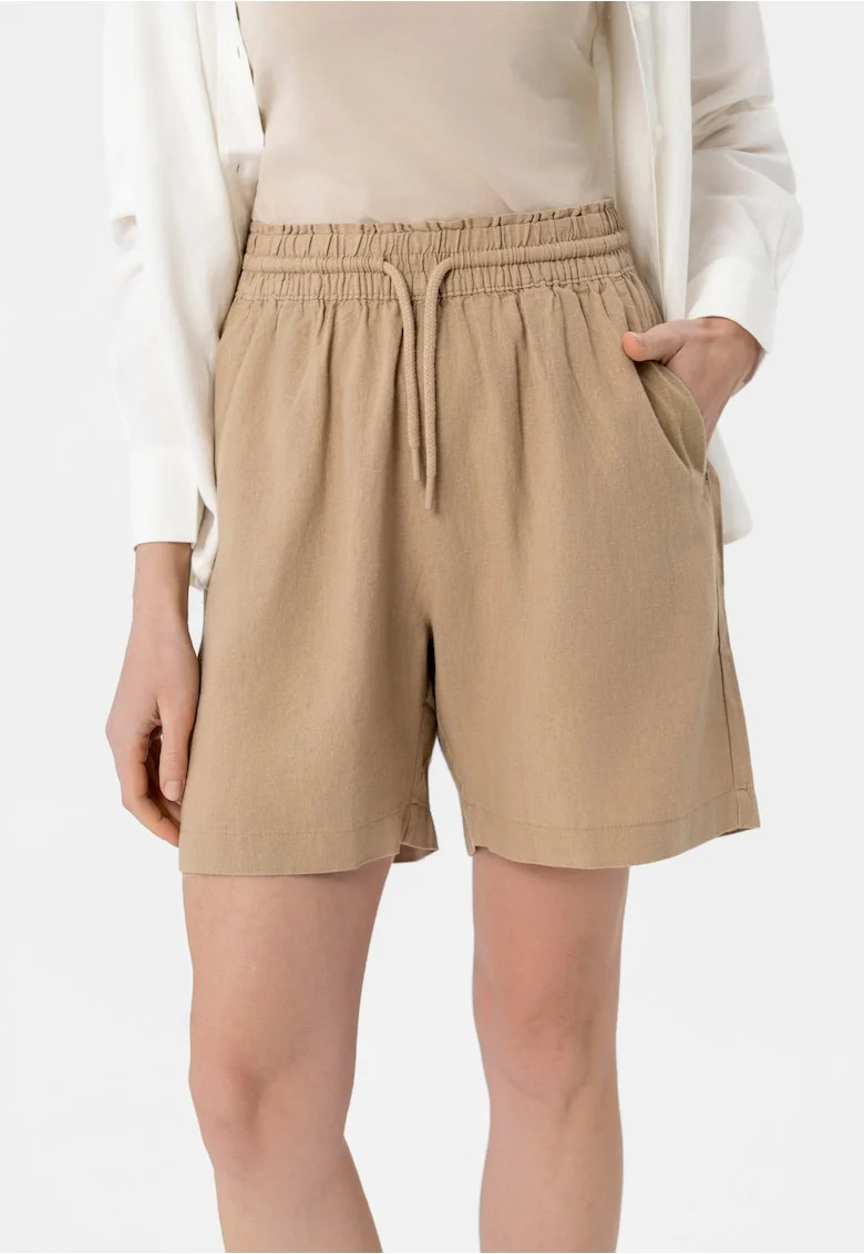 Pantaloni scurti dama din amestec de in si viscoza, talie elastica cu snur, buzunare frontale, Relaxed Fit,  P-Media, bej, Bej