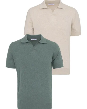 Set de tricouri din bumbac cu guler polo - 2 piese, Verde/Ocru