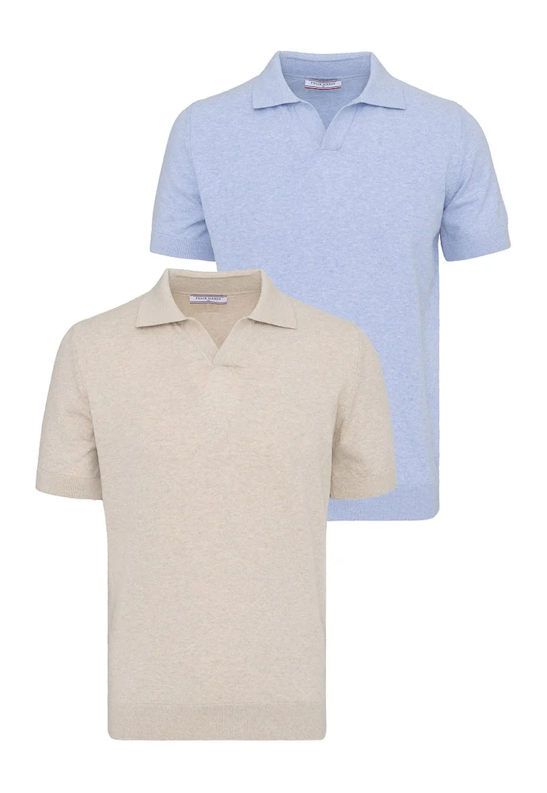 Set de tricouri din bumbac cu guler polo - 2 piese, Albastru pastel/Bej