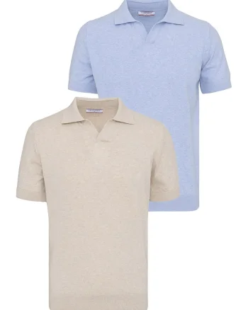 Set de tricouri din bumbac cu guler polo - 2 piese, Albastru pastel/Bej