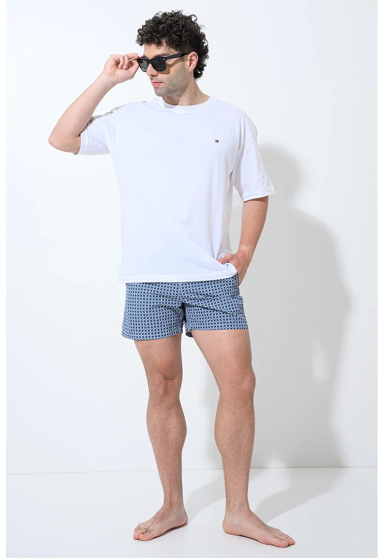 Pantaloni scurti de baie cu model si buzunare laterale, Albastru cobalt/Alb murdar